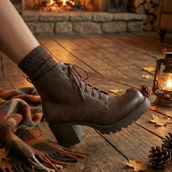 NWT SODA Brown Lace Up Combat Boots Lug Sole Chunky Heel Platform Ankle Booties - Picture 5 of 6